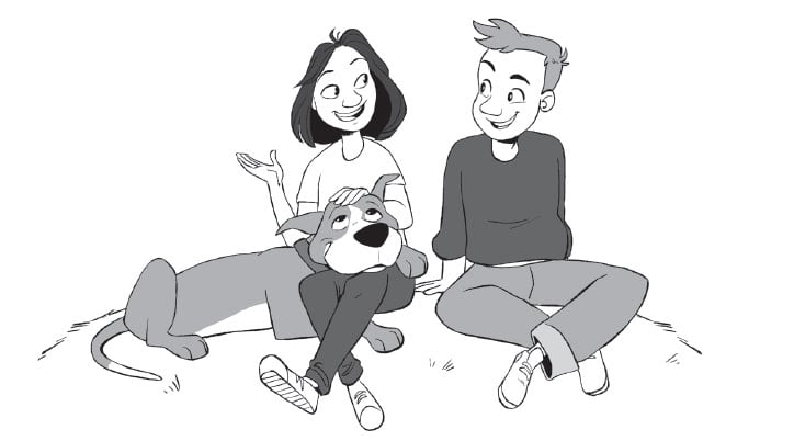 Illustration of Fred the dog, Abby and Zachary from Dog Squad