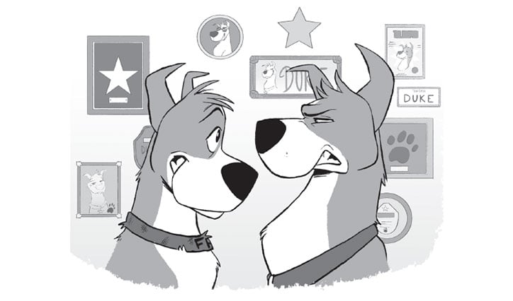 Illustration of the dogs Fred and Duke from Dog Squad standing face to face. Fred is smiling anxiously and Duke is growling.