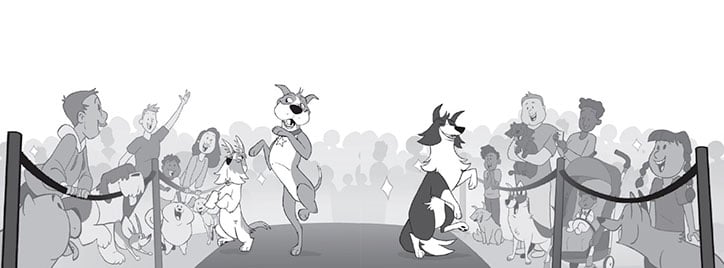 Illustration of Fred and the Dog Squad crew walking the red carpet on their hind legs at the Dog Squad premiere
