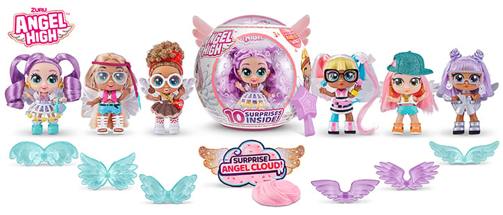 Angel High doll lineup featuring all six characters, their angel wings, angel cloud slime, and product packaging