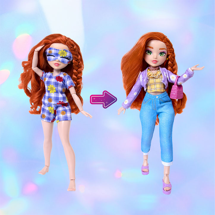 A before and after look at GLO-Up Girls Doll Rose styled in her pre-makeover pajama look and her post-glowup fashions