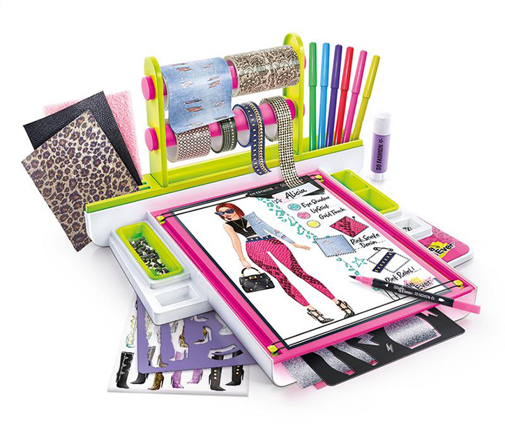 Product photo of the Style4Ever Fashion Design Studio showing off all of the design materials, markers, stencils, and other included items laid out