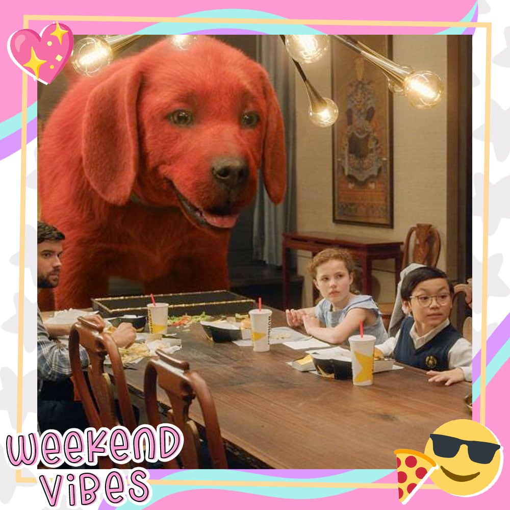 Photo still from Clifford the Big Red Dog where Clifford is standing at the head of the table