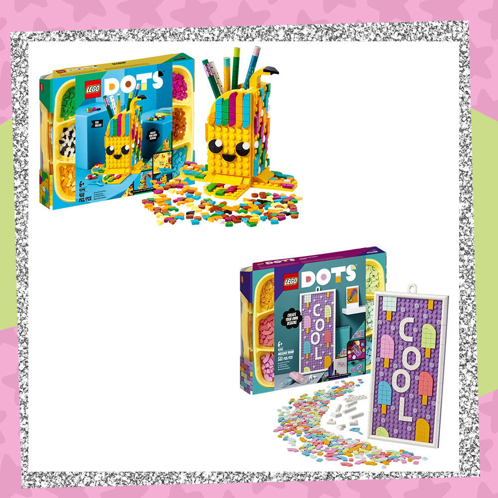Prize pack graphic featuring the boxes for the LEGO Dots Message Board and LEGO DOTS Cute Banana Pen Kit included in YAYOMG!'s LEGO DOTS Giveaway. Full details and entry form below image.