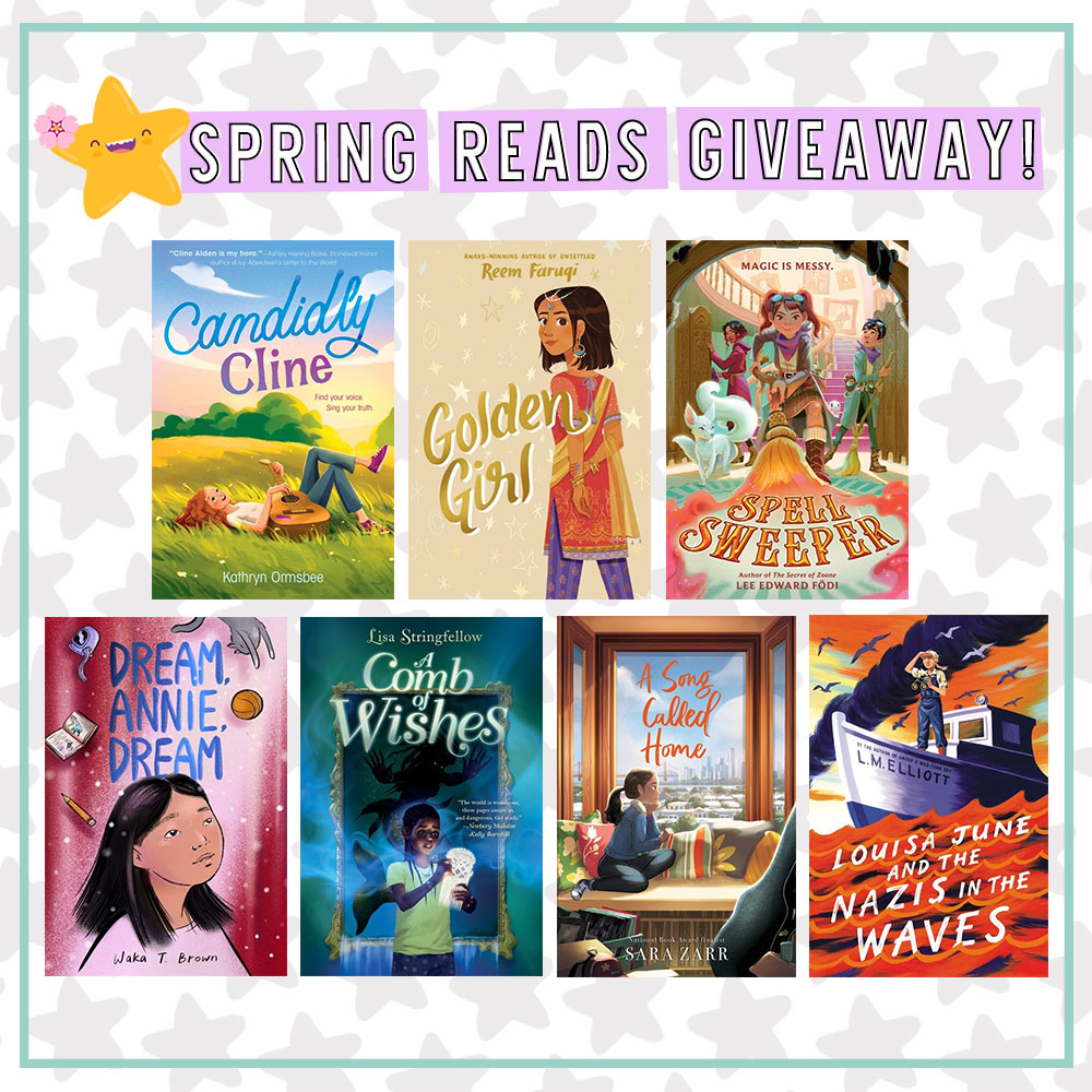 Prize Graphic for YAYOMG!'s Spring Reads Giveaway featuring the covers of all 7 books included in the prize pack. Full list of prizes and rules can be found below this image.