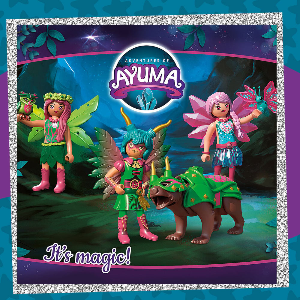 Adventures of Ayuma graphic including the crystal fairy characters in a dark forest setting. Text reads "It's Magic!"