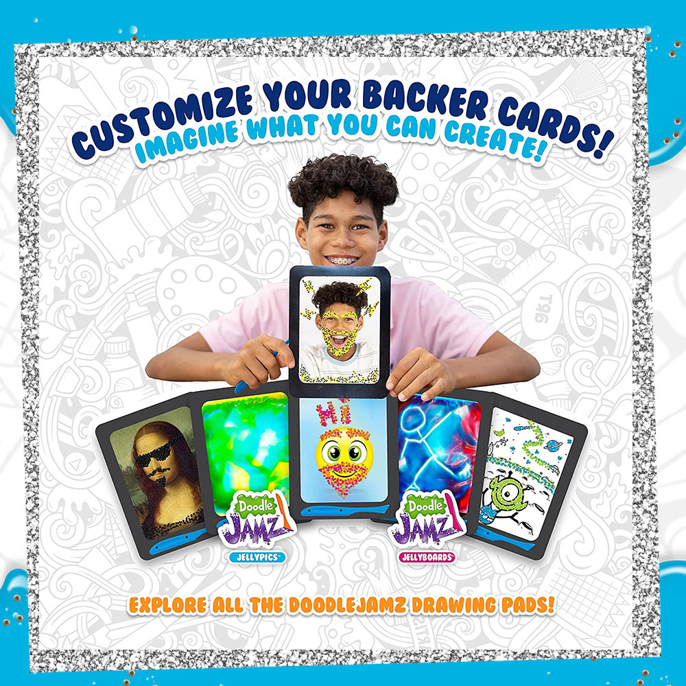 A young boy holding a DoodleJamz Jellypics Board, showing off the creation he made. Below him is a variety of DoodleJamz boards showcasing different possible designs and copy that says "Customize your backer cards! Imagine what you can create! Explore all the DoodleJamz Drawing Pads!"