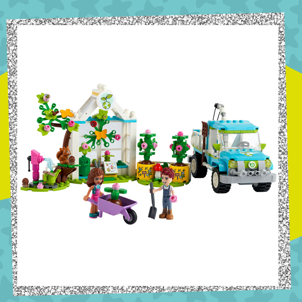 Product photo of the LEGO Friends Tree-Planting Truck kit fully assembled
