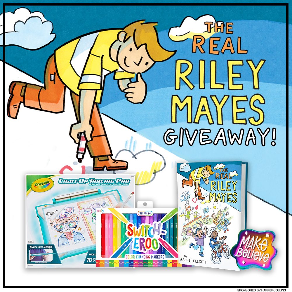 Prize graphic for YAYOMG!'s The Real Riley Mayes Giveaway showing the items included in the prize pack including a copy of the book as well as a few art supplies. Full prize list, rules, and entry form detailed below this image.
