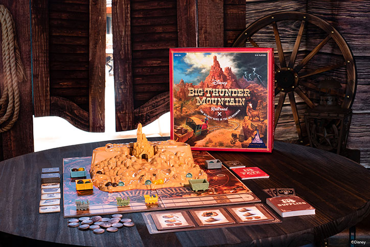 Product photo of the Disney Big Thunder Mountain Railroad game showcasing the box, board, pieces, and other game elements