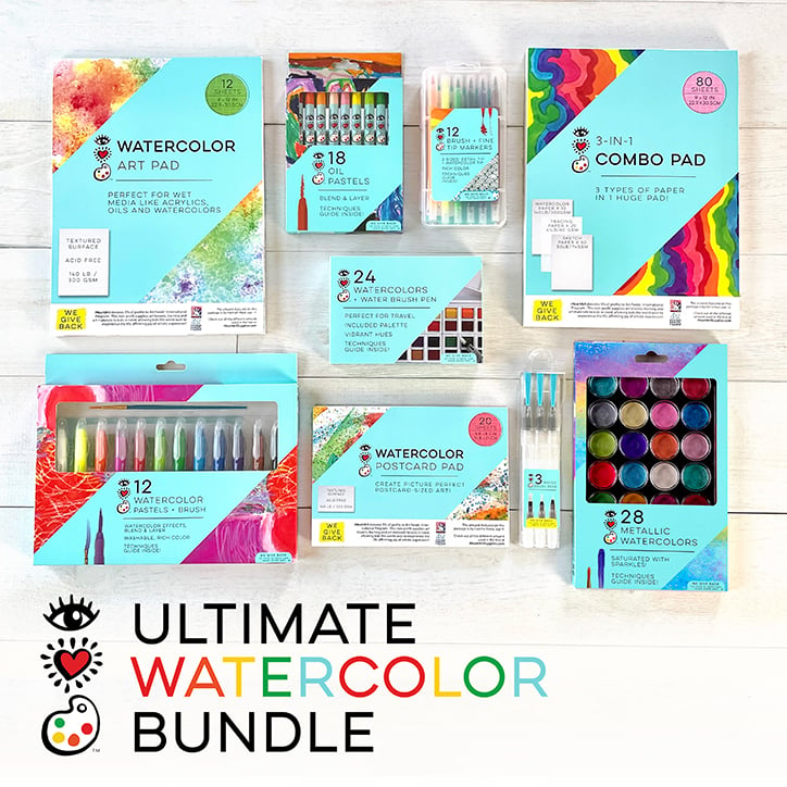 Flatlay of all the items included in the iHeartArt Ultimate Watercolor Bundle, including a variety of watercolor paints, brushes, art pads, and more.