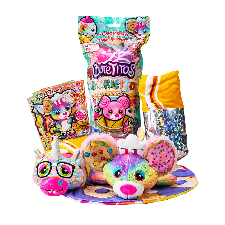 Product photo for Cutetitos Cookieitos, featuring the packaging, character card, burrito blanket, and two cookie-inspired characters