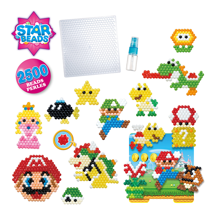 An assortment of the creations you make using the Super Mario Aquabeads Creation Cube, including Mario's face, Yoshi sticking out his tounge, a fire flower, and more