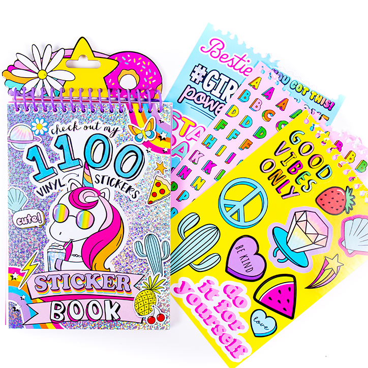 Product photo of the Check Out My 1100 Cute Vinyl Stickers Sticker Book. Three sticker pages are also shown, featuring alphabet stickers, phrase stickers, and a variety of shapes including a watermelon, a cactus, a peace sign, and more