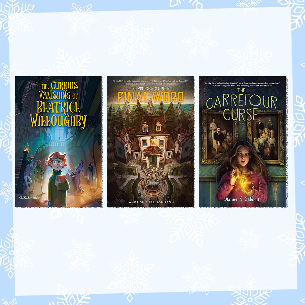 Prize graphic featuring all 3 books included in our Holiday House Middle Grade Mysteries giveaway. Fully detailed rules, entry form, & prize info detailed below this image.