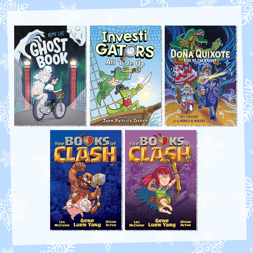 Prize graphic featuring all 5 books included in our Macmillan Action-Packed Graphic Novels giveaway. Fully detailed rules, entry form, & prize info detailed below this image.