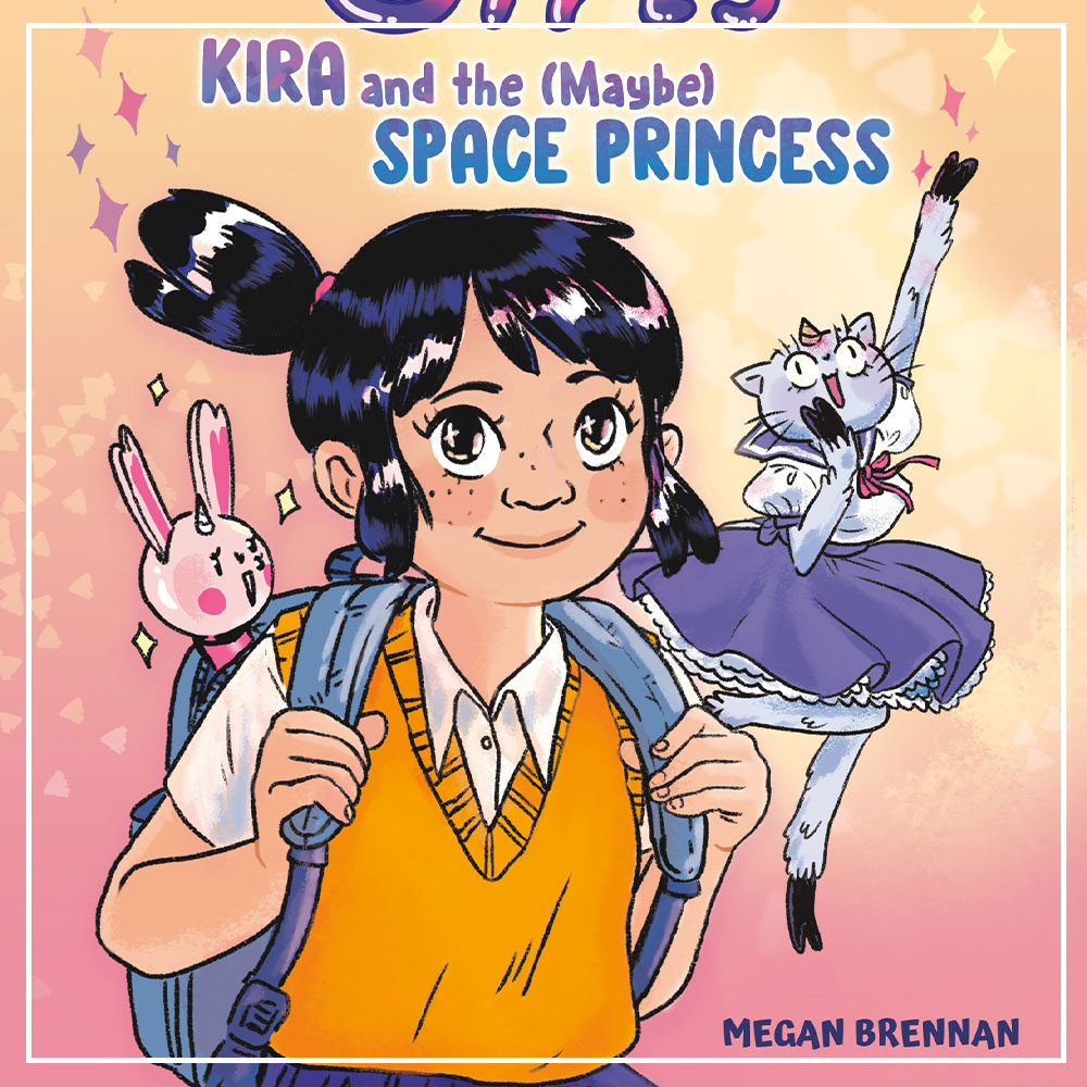 Illustration of Kira in a yellow sweater vest, wearing a backpack. Caticorn is off to the side in a magical girl inspired outfit.