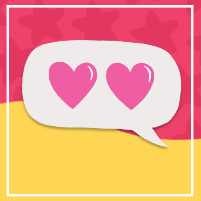 Text bubble with two pink hearts