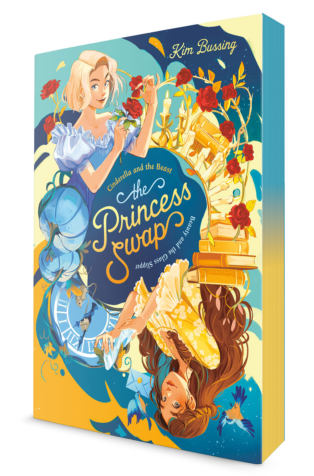 Paperback copy of The Princess Swap by Kim Bussing with teal and yellow sprayed edges