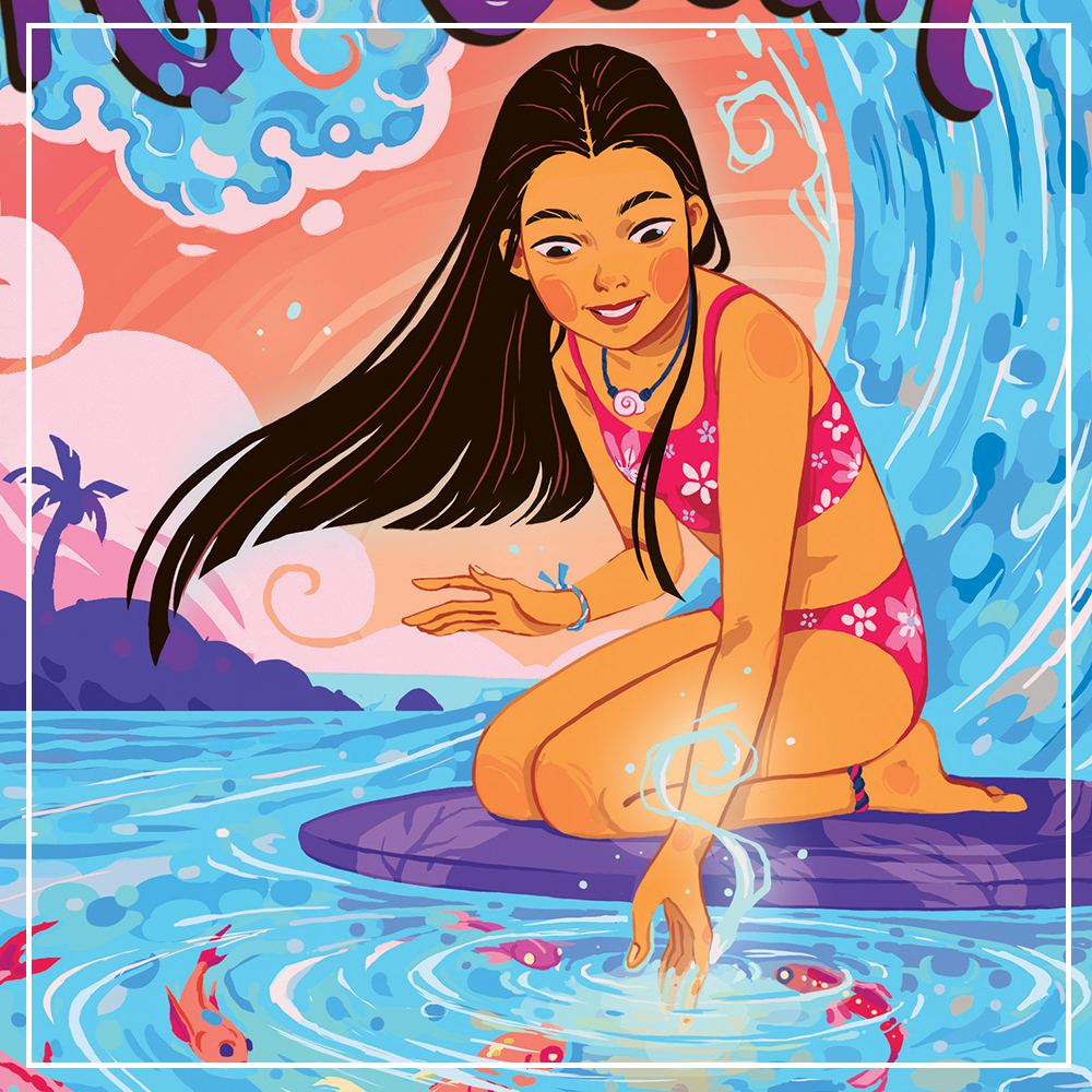 An illustration of Kaya Song from Kaya of the Ocean on a surfboard with a wave curling over her head while she greets a school of fish in the water.