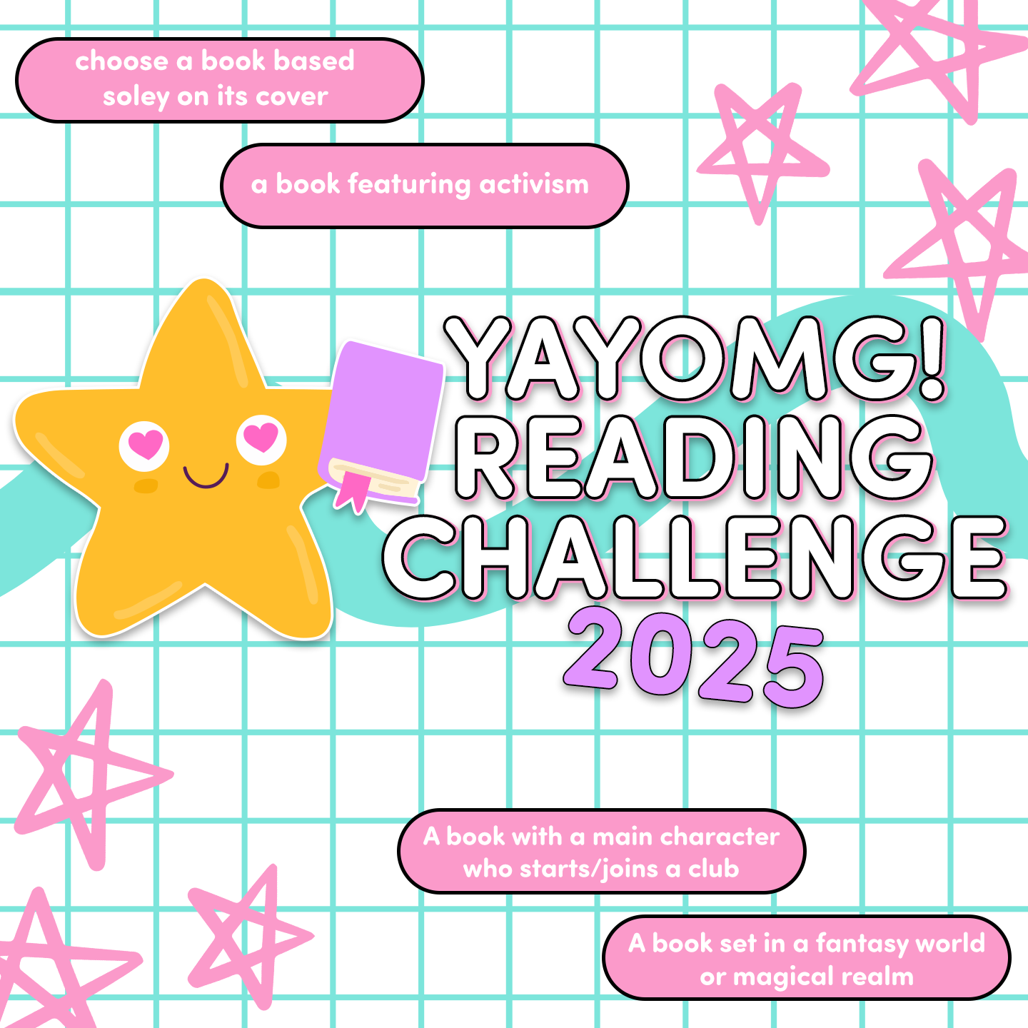 YAYOMG! Reading Challenge logo and star shaped character with heart eyes holding up a purple book.