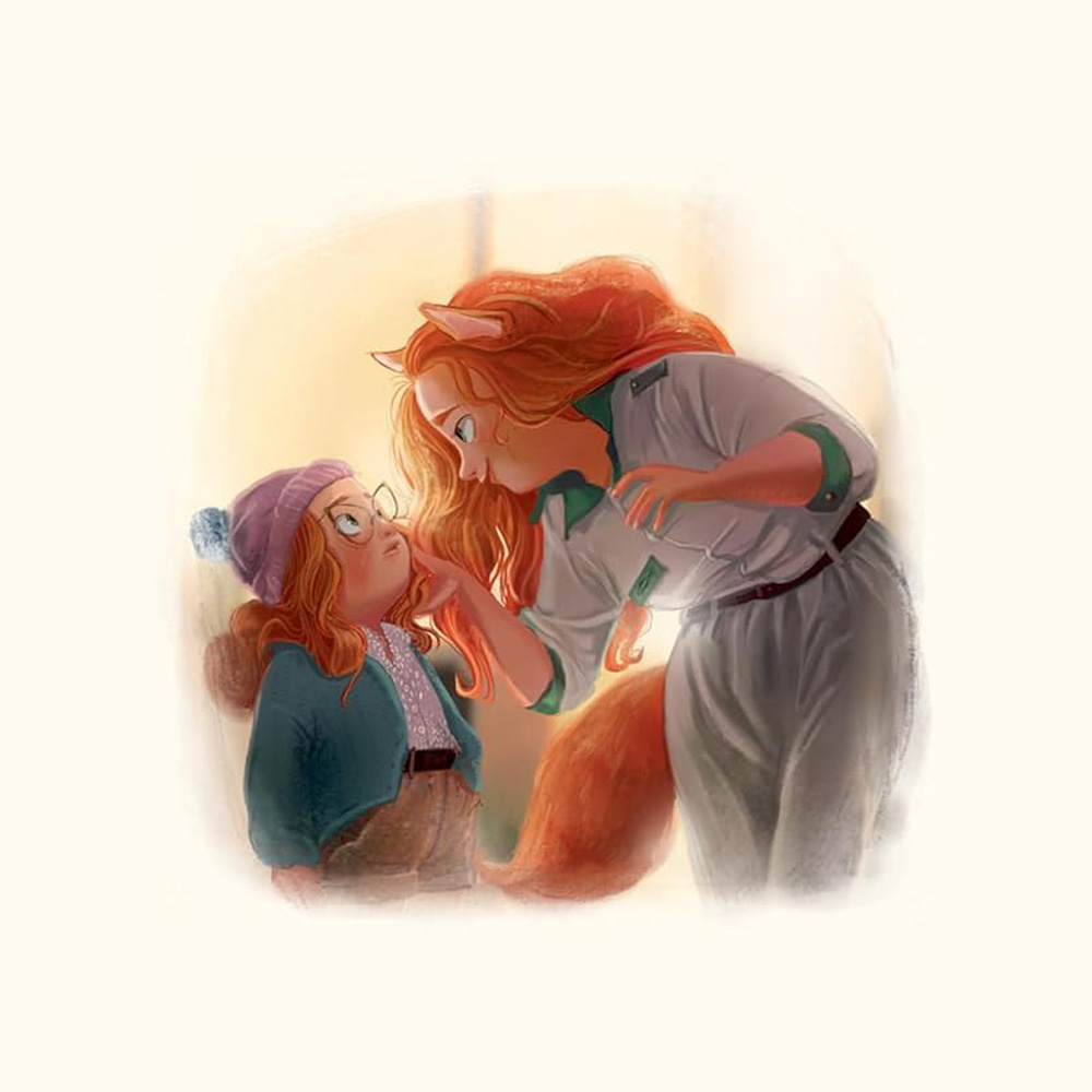 Illustration of Catty and her mother. Her mom is bending down to talk to Catty with her hand on her shoulder. Catty is looking up, listening.