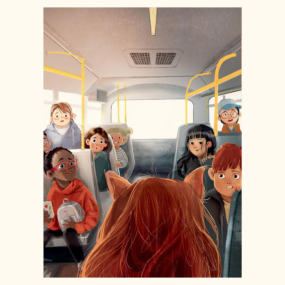Illustration of Catty stepping onto the school bus for the first time. Catty is pictured from behind, all you can see is her red hair and her ears. The other students are a mix of surprised and confused to see her.