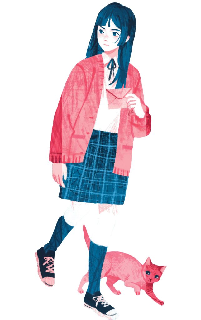 Illustration of Meg in her school uniform with an orange cat named Sir Grey at her feet