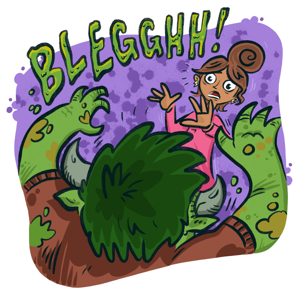 Illustration of Sid being chased by one of her nightmare monsters. It is featured from behind, face not visible, but appears human-like in appearance with dirty green hair and arms but has horns and is saying BLEGGGHH!
