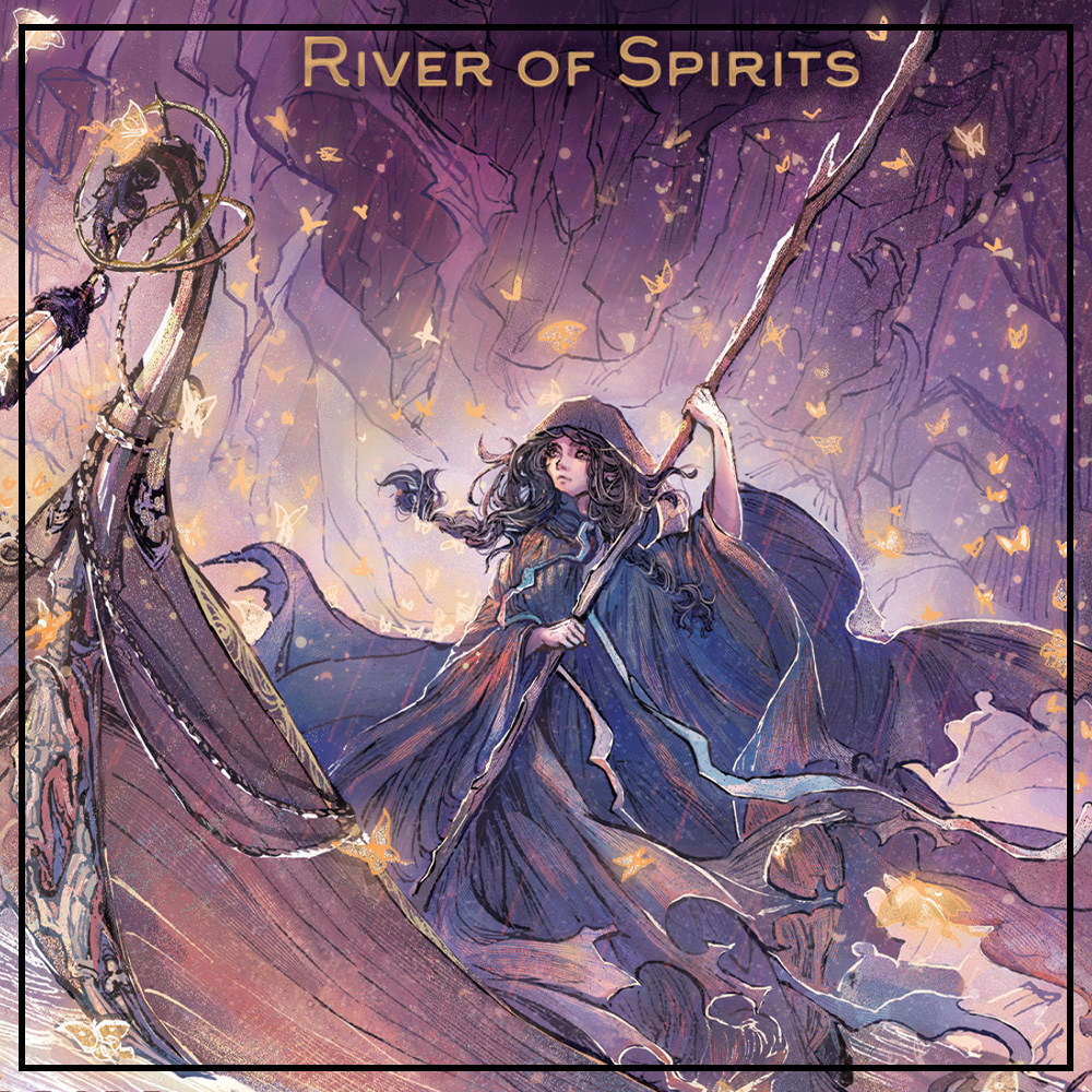 Closeup of Senka on the book cover wearing her ferryer cloak and rowing the boat through the river