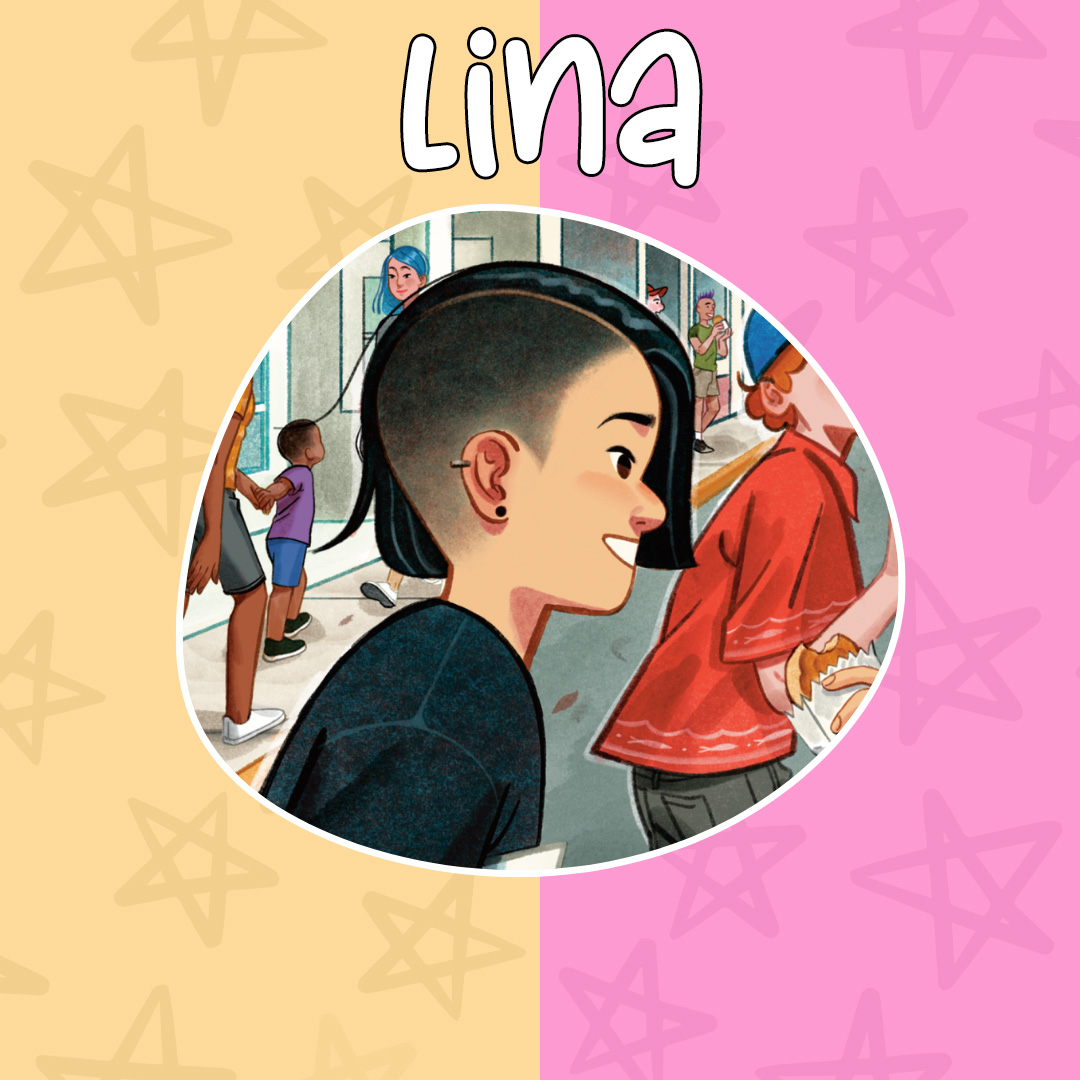 Graphic that reads "Lina" with Lina's face from the book cover in a circle frame to highlight her character.